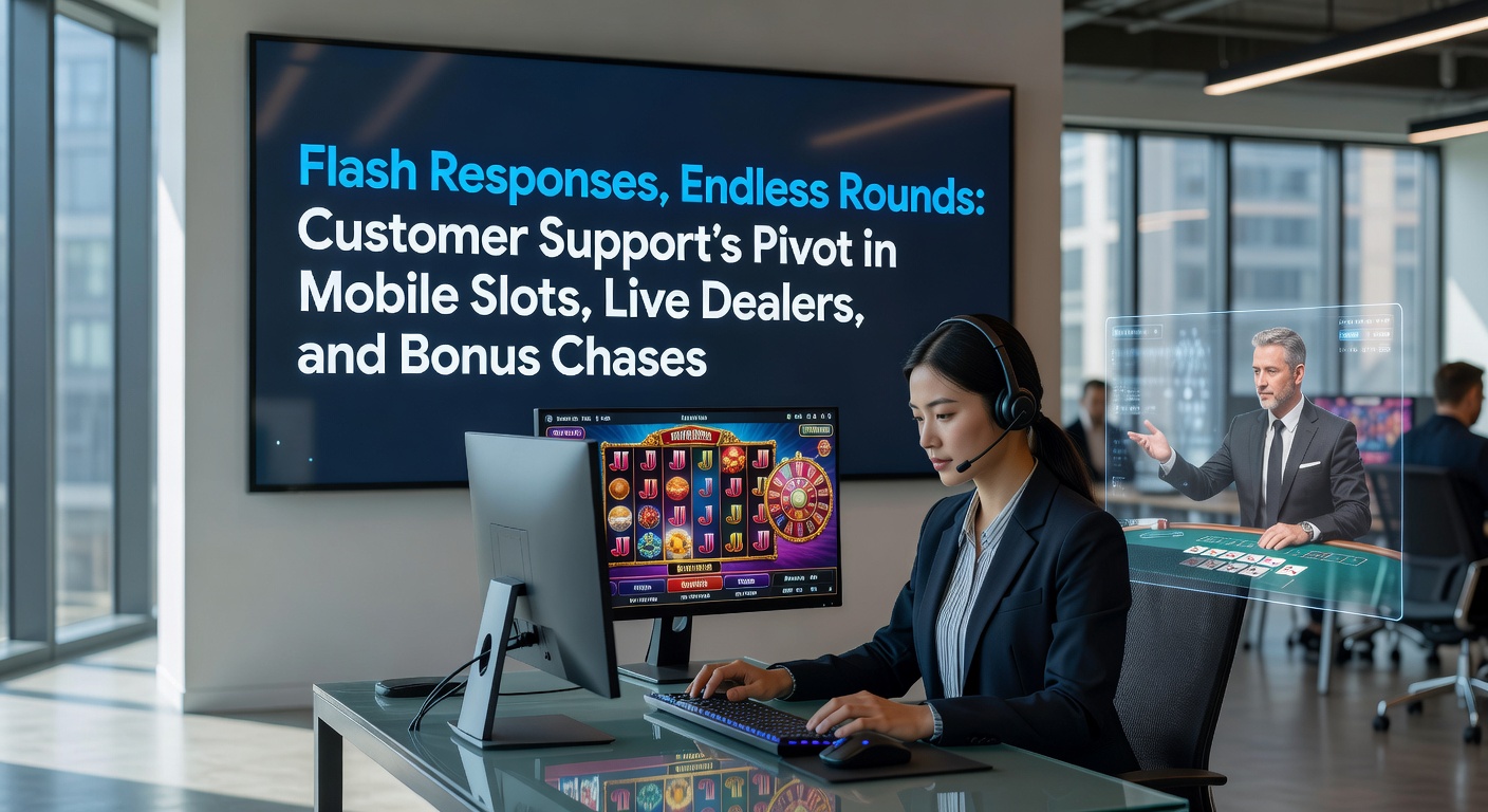 A dynamic illustration of a customer support agent multitasking across mobile slots, live dealer tables, and bonus notifications on glowing screens, symbolizing rapid responses in the online casino world