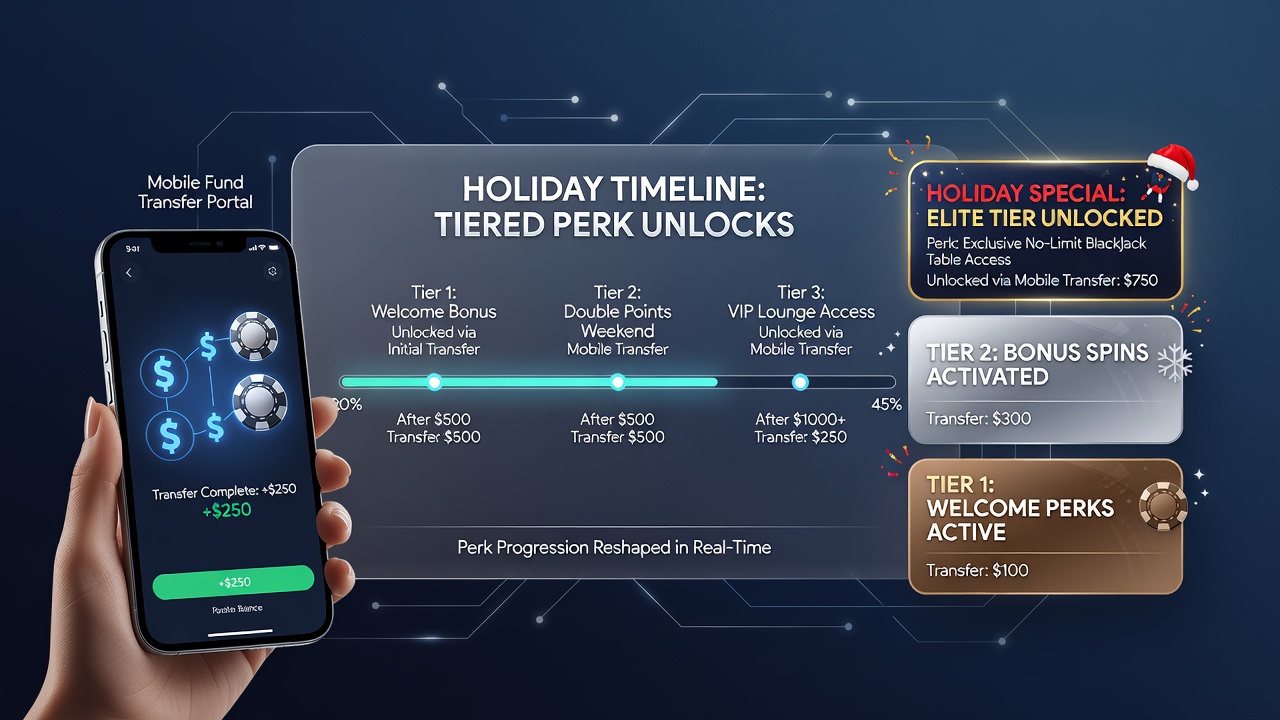 Timeline graphic illustrating deposit confirmation steps and corresponding loyalty tier unlocks in a casino app