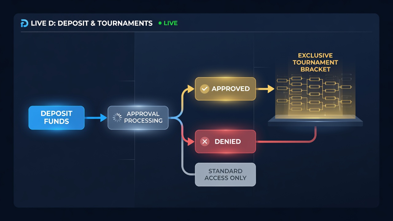 Screenshot of tournament bracket interface on a smartphone displaying live dealer game access status after deposit confirmation