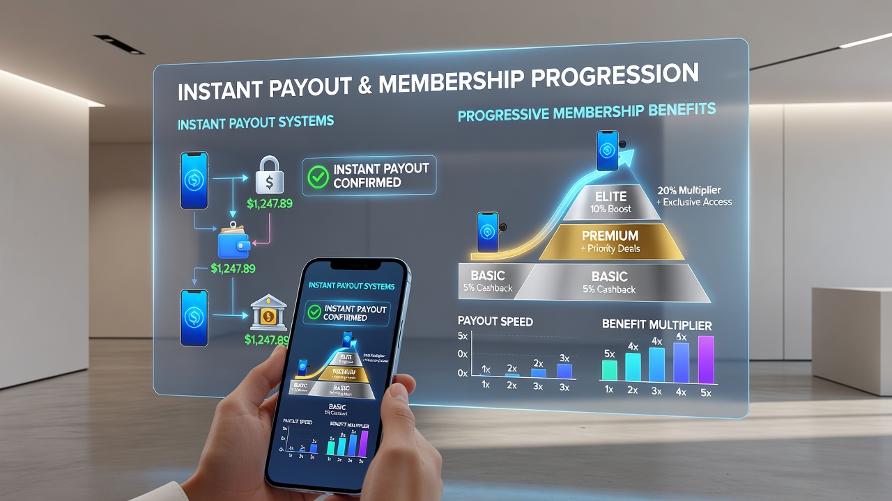 Mobile app interface showing membership tier dashboard alongside instant payout transaction history for live dealer sessions