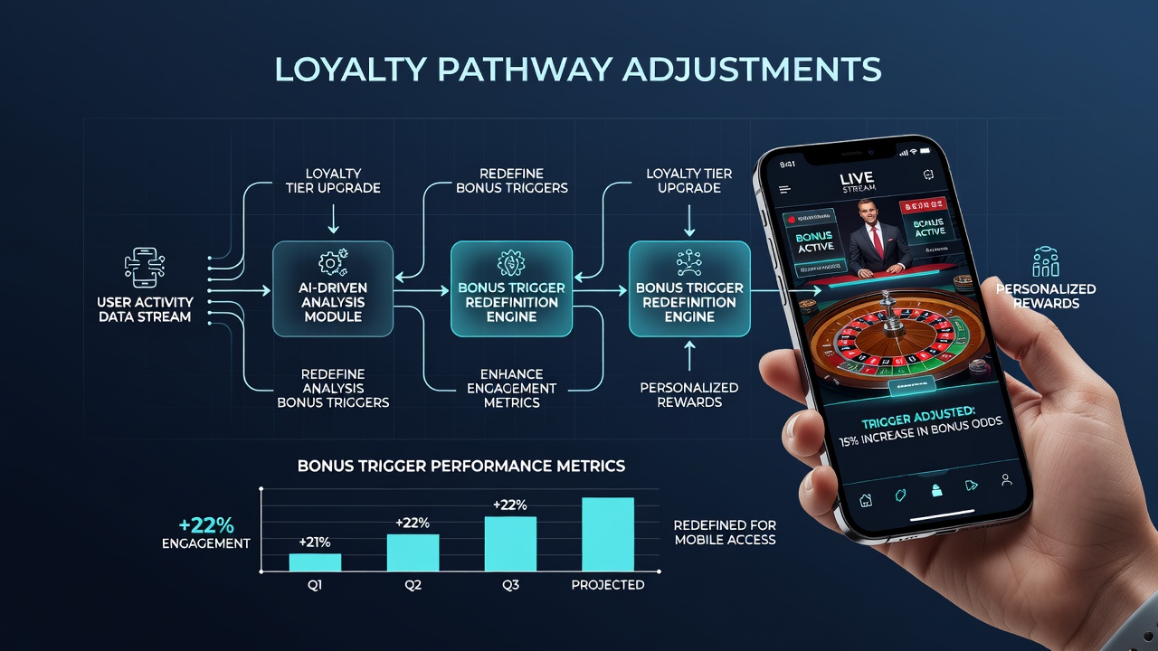 Mobile app dashboard showing loyalty tier progress, bonus trigger status, and live roulette game feed integration