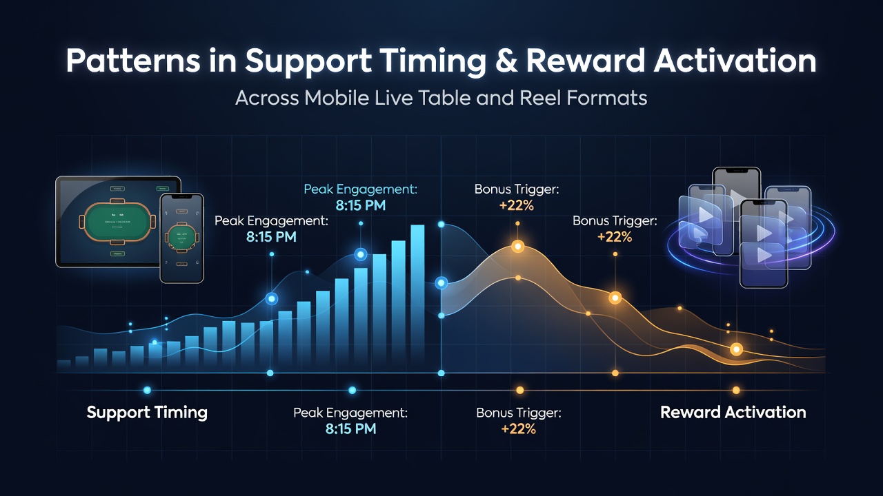 Mobile casino interface showing live table games and slot reels with timing indicators for support responses and reward activations