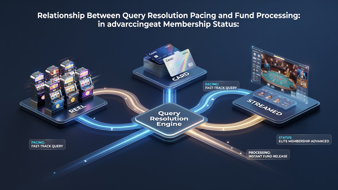Casino interface showing query resolution dashboard connected to fund processing timelines for membership advancement in reel, card, and streamed variants