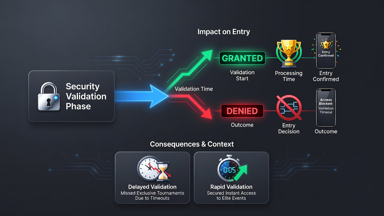 Mobile screen showing tournament entry screen with pending security validation status